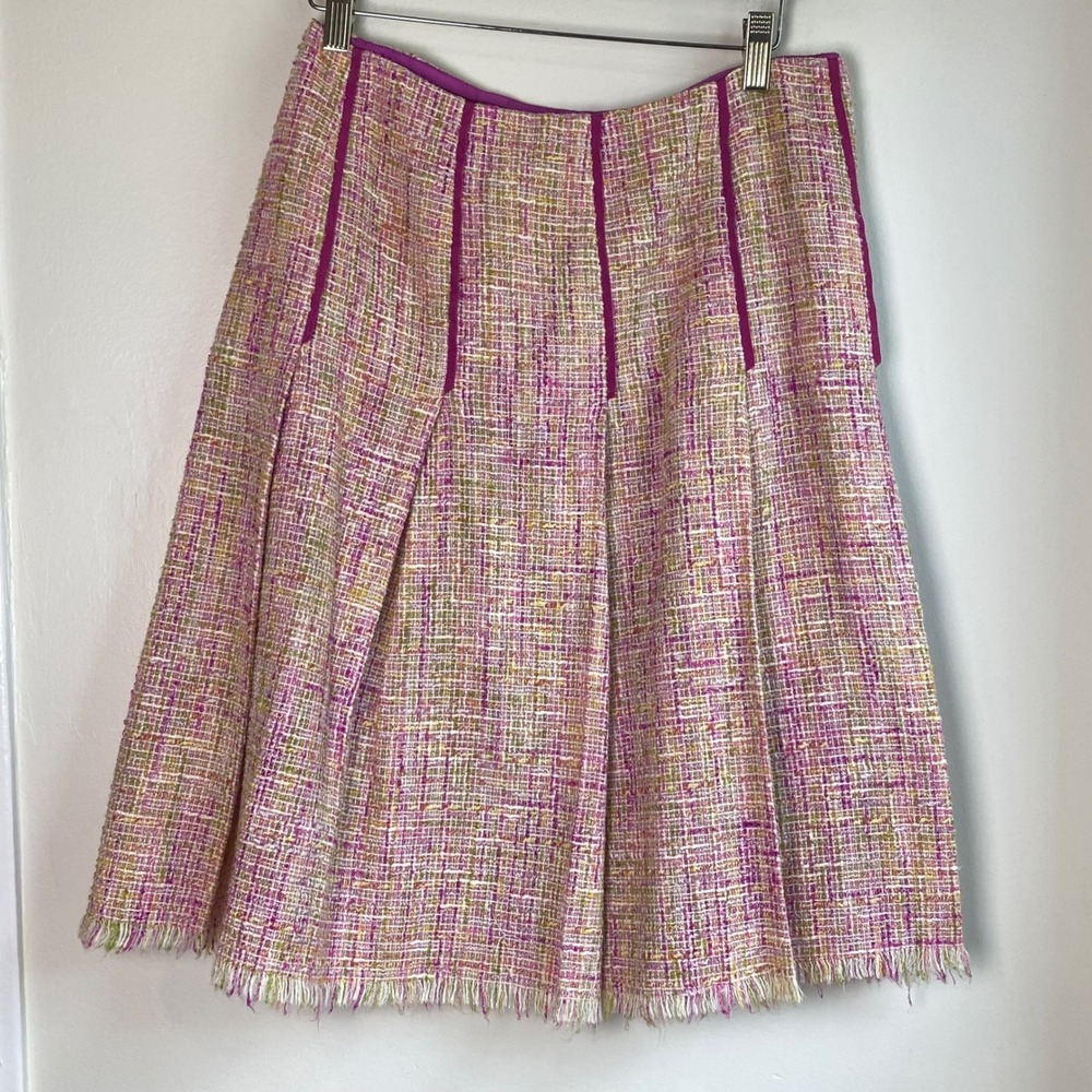 Dana Buchman Tweed Pleated Skirt Womens 16 Pink Multi Fringe Hem Preppy Office